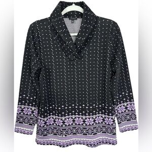 Talbots Fair Isle Tunic Top Womens Medium Black Jacquard Shawl Collar Pullover